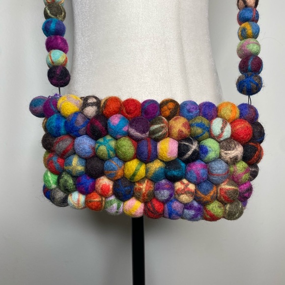 Vintage Felt Ball 100% Wool Crossbody Purse Nepal - Picture 7 of 10